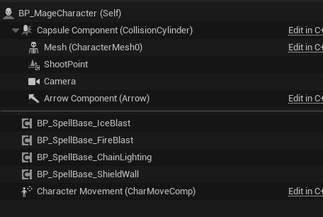 BP_MageCharacter component hierarchy showing spell components